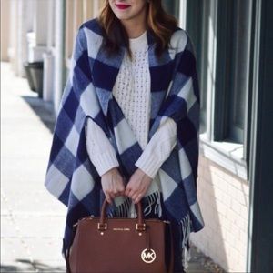 J crew blue and white buffalo check cape nwot